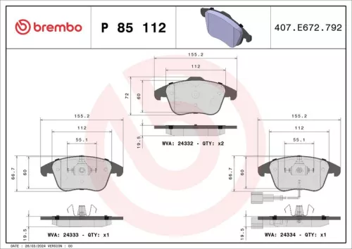 BREMBO Brake Pad Set, disc brake (P 85 112)