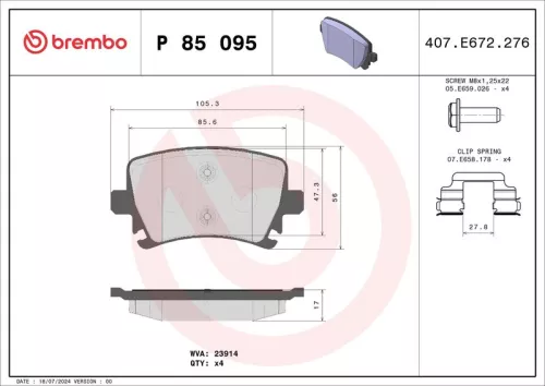 BREMBO Brake Pad Set, disc brake (P 85 095)